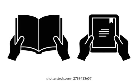 hands holding book and tablet silhouette reading learning education study knowledge literature technology digital print contrast