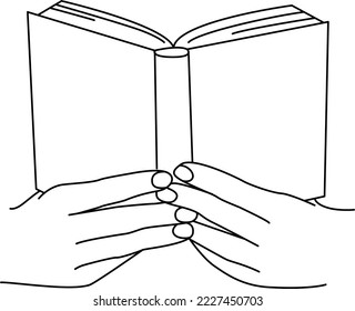 Hands holding a book in vector linear illustration