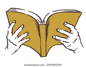 Hands holding a book. Vector sketch illustration.