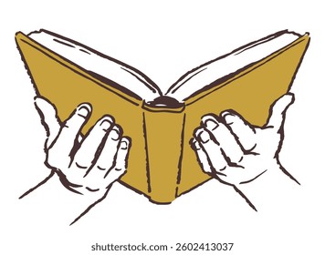 Hands holding a book. Vector sketch illustration.
