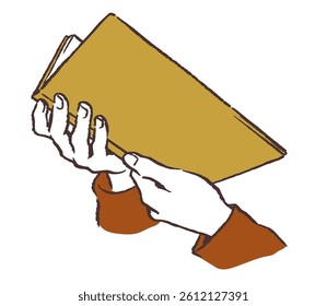 Hands holding a book. Vector sketch illustration.
