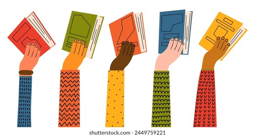 Hands holding books. Best seller, reading, library, education concept. Book donation. 