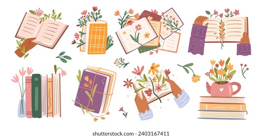 Hands holding books with blooming flowers herbarium. Vector isolated textbooks with bouquets and leaves, branches and botany adornment. Vintage romantic composition with notebook and flora decor