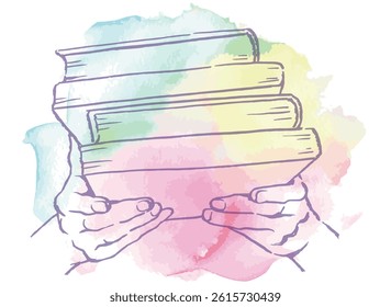 Hands holding books colored with watercolor. Vector sketch illustration.