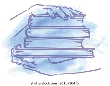 Hands holding books colored with watercolor. Vector sketch illustration.