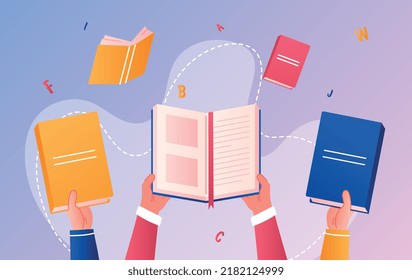 Hands holding books. Greeting card for day of literature, poster or banner for website for international holidays. Education and learning, students with textbooks. Cartoon flat vector illustration