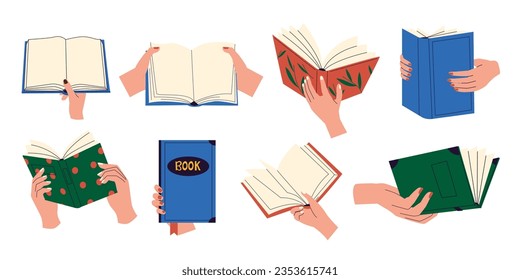 Hands holding books. Group of people reading together, education and learning concept. Vector illustration of people reading and sharing. Female arms carrying dairies, textbooks, studying