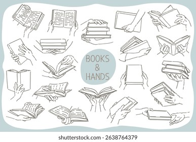Hands holding books, set. Simple line. Vector sketch illustration.