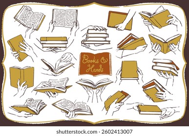 Hands holding books, set. Vector sketch illustration.