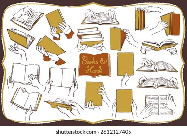 Hands holding books, set. Vector sketch illustration.