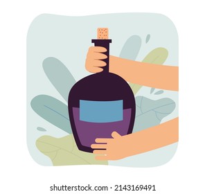 Hands holding bottle of alcohol drink flat vector illustration. Person holding glass bottle of wine or champagne with wooden cork. Beverage concept for banner, website design or landing web page