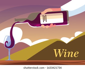 hands holding a bottle and glass of wine vector illustration design