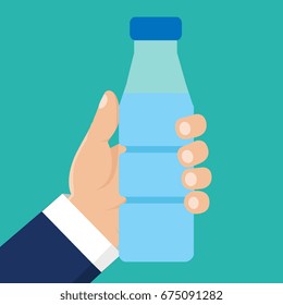 Hände, die Flasche mit Wasser halten. Vektorgrafik.