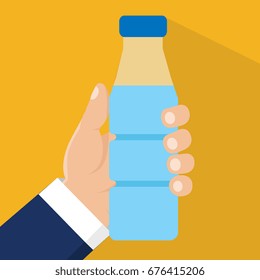 Hands holding bottle with water. Vector Illustration.