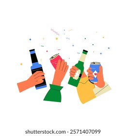 Hands Holding Bottles And Cans In Flat Vector Illustration Symbolizing Celebration, Drinks, And Festivity, Isolated On White Background.