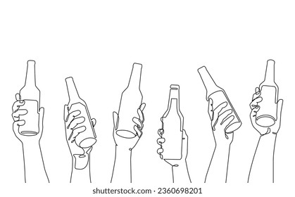 Hands holding bottles with drinks isolated on white background. Continuous line drawing style. Vector illustration. Can be yoused as a wall art, poster, print, sticker, element of banner.