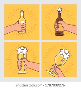 hands holding bottles, glass and cup of beers, on yellow background vector illustration design