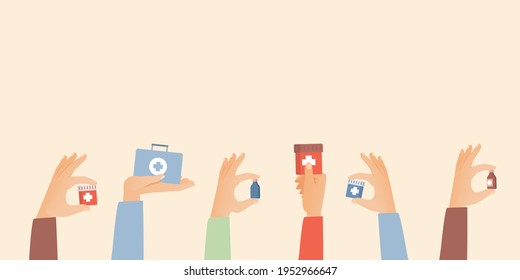 Hands holding bottles with pills and mixtures, travel first aid kit vector flat illustration. Drugs, antibiotics, and vitamin tablets. Medicaments to treat illness, pain, and viruses.