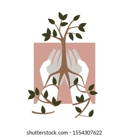 Hands holding and bound by trees. Save forests. Our lives depend on nature
