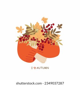Hands holding a bouquet of autumn leaves. Illustration