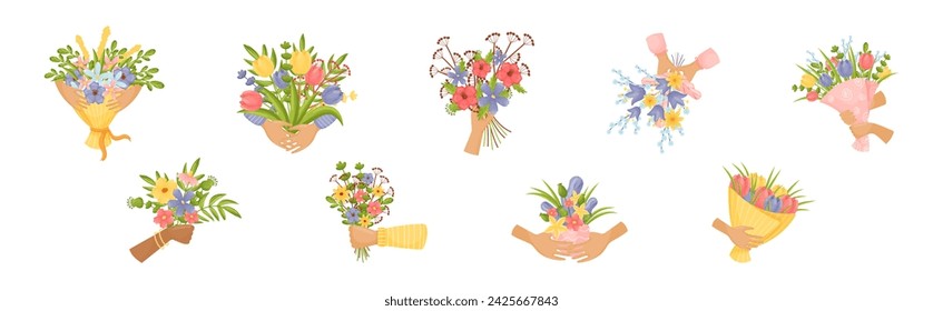 Manos que sostienen el ramo de flores florecientes Vector Set