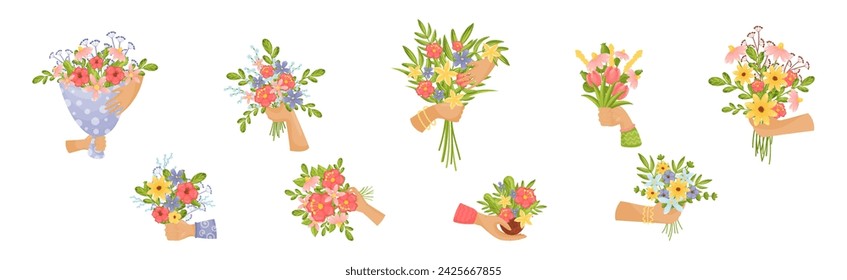 Hands Holding Bouquet of Blooming Flowers Vector Set