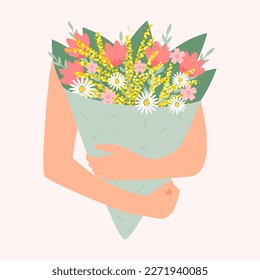 Hands holding bouquet or bunches of blooming flowers. Vector illustration