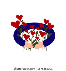 Hands holding a bouquet with hearts instead of flowers. Valentine's Day greeting Card. Flat Vector Illustration.