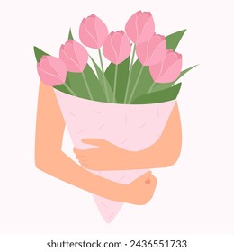 Hands holding bouquet or pink tulips. Floral design templates for Women's Day and Mother's Day. Vector flat illustration