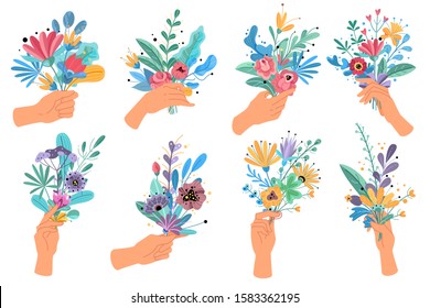 Hands holding bouquets. Colorful floral bundle bouquets in hands, decorative blooming gifts elegant spring summer bunches flowers vector botanic decoration set