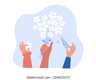 Hands holding bouquets of cute meadow flowers. Bunches of elegant blooming wild flowers with white petals as gift flat vector illustration. Summer, floristry, plants concept for banner, website design