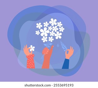 Hands holding bouquets of cute meadow flowers. Bunches of elegant blooming wild flowers with white petals as gift flat vector illustration. Summer, floristry, plants concept for banner, website design