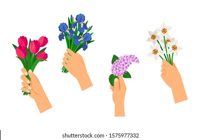 Hands holding bouquets. Spring flowers, isolated gift bouquet vector set