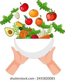 Hands holding a bowl filled with fresh vegetables.