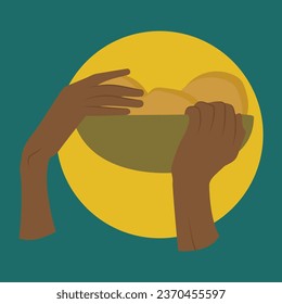 Hands holding bowl of fruit with lemons vector postcard illustration