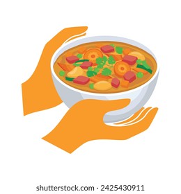 Hands holding a bowl of vegetable soup vector illustration. Hands giving a bowl of soup icon vector isolated on a white background. Full bowl of soup with hands symbol