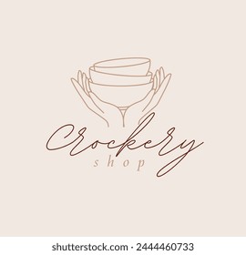 Hands holding bowls with lettering crockery shop drawing in linear style on beige background