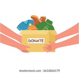Hands holding a box with clothes for donation. Vector illustration of the concept of second life for clothes, helping those in need. Volunteering. a person or organization such as a charity, or the