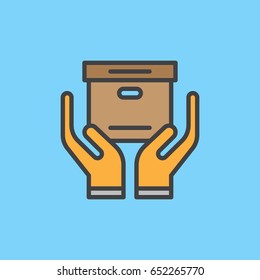 Hands holding box filled outline icon, vector sign, Handle with care colorful illustration