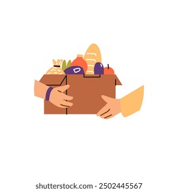 Hands holding a box filled with various food items including bread, vegetables, fruits, and packaged goods. Vector illustration depicting food sharing and donation concept