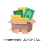 Hands holding Box with money.Volunteering Distribution,Money Donation,Gold coins,Notes,cash money,finance for Poor People.Charity,support,donation concept. Aid charitable help.Flat Vector Illustration