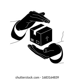 Hands holding a box, package, parcel icon flat logo in black on an isolated white background. EPS 10 vector