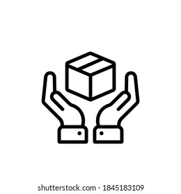 Hands holding box. Pick up point, receive order, collect parcel, delivery services. Shipping delivery symbol. Package tracking vector. Vector flat cartoon illustration for web sites