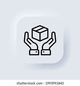 Hände, die eine Kiste halten. Abholpunkt, Bestellung entgegennehmen, Paket abholen, Zustelldienste erbringen. Liefersymbol. Neumorphische UI UX weiße Benutzeroberfläche Web-Schaltfläche. Vektor EPS10.