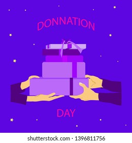 hands holding boxes with stuff or clothes and giving one to another things. donation day text. purple colors. vector flat illustration.