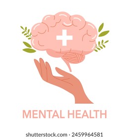 Hands holding brain in flat design on white background. Mental health concept.