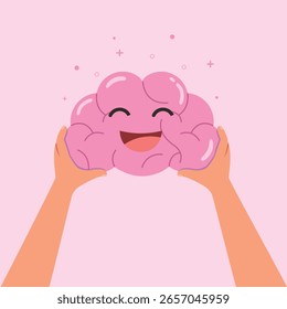mãos segurando um cérebro com cara feliz de pensamento positivo, ilustração vetorial de cuidados de saúde bons. Conceito de saúde mental. 