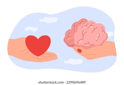 Hands holding brain and heart vector illustration. People controlling emotions and mind, finding balance. Managing emotions, emotional intelligence, leadership, success concept