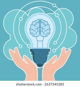 Hands holding brain lamp vector illustration template graphic design . Light Bulb brain working idea at cartoon concept with background in flat style