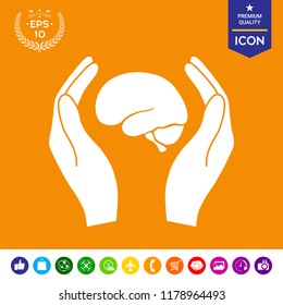 Hands holding brain - protection icon